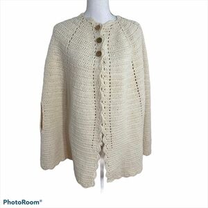 Hand Knit Poncho Sweater One Size Ivory Boho Women’s Vintage